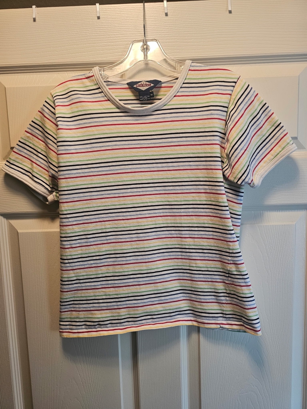 Vintage White Crewneck Short Sleeve Tee with Multi-Color Stripes
